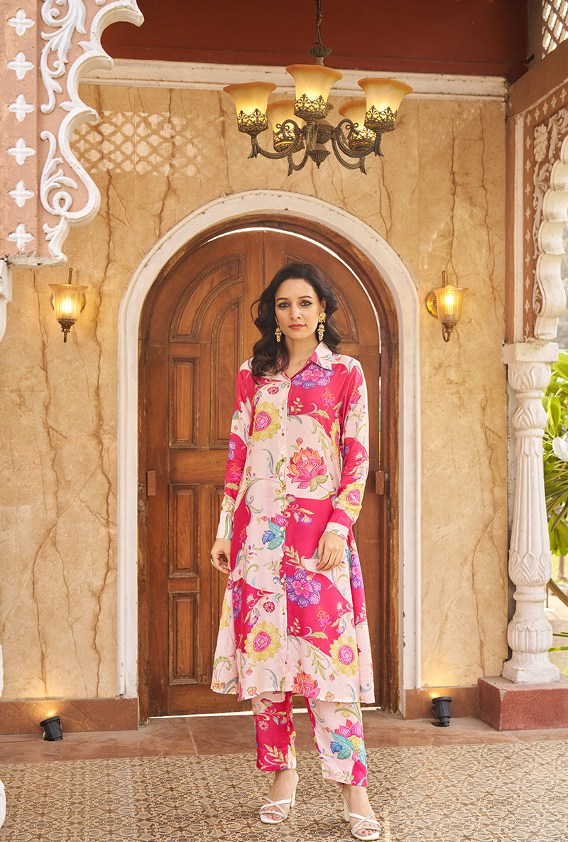 Pink All Over Print Collar Style Roza Kurta Set
