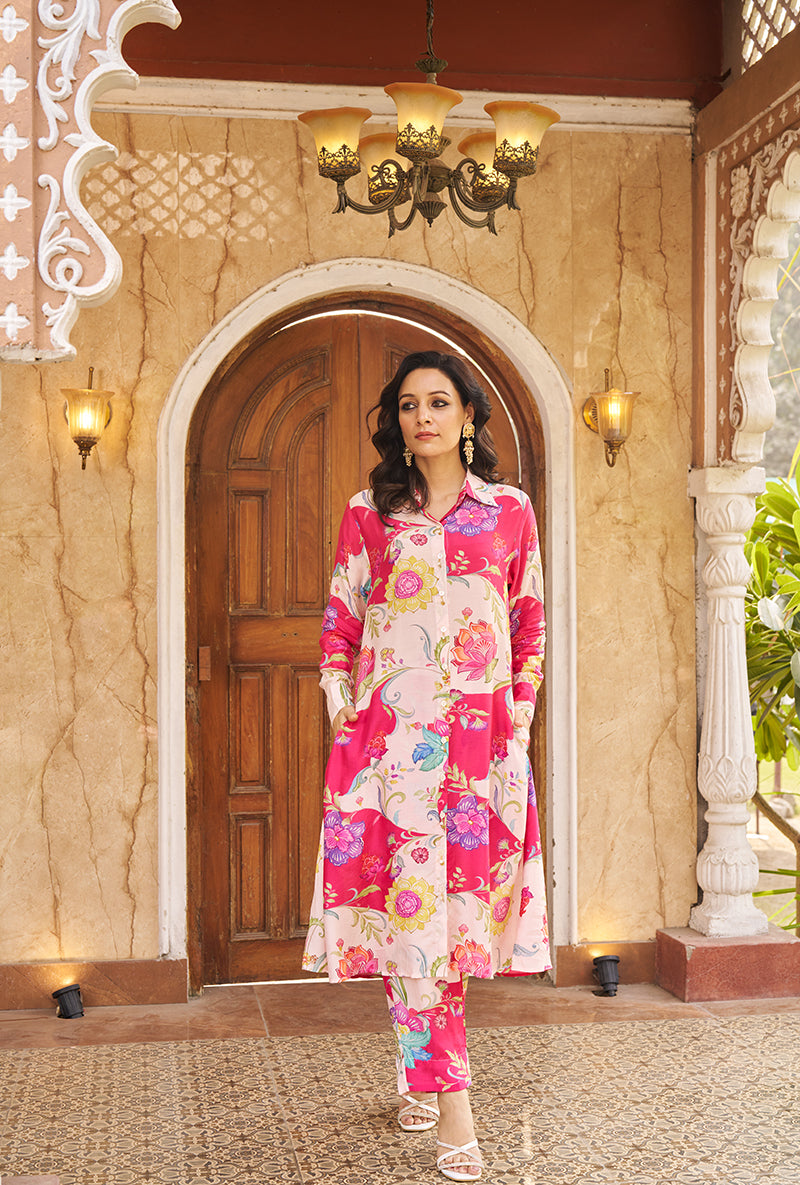 Pink All Over Print Collar Style Roza Kurta Set