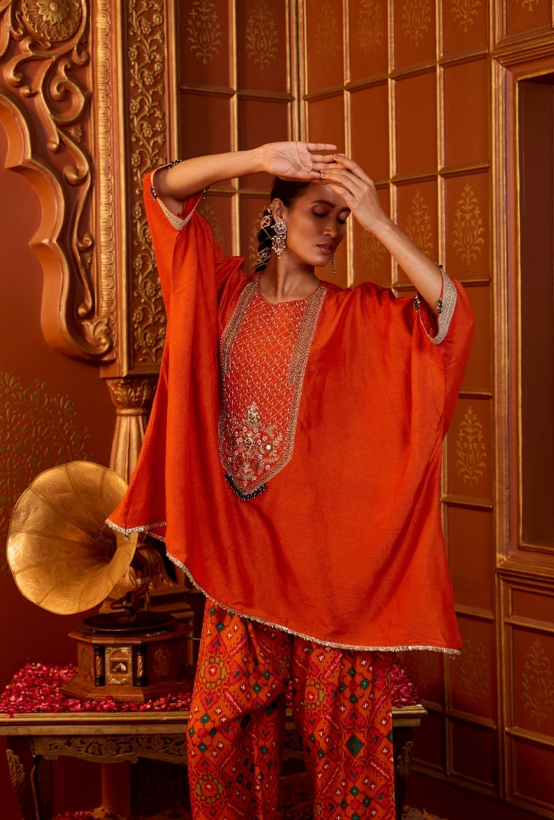 Orange Embroidered Yoke Asymmetric Oorja Kurta Set