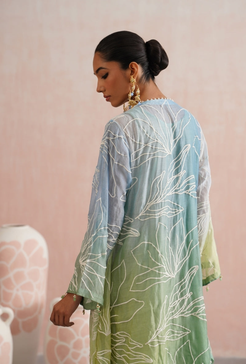 Teal Green Ombre Pearl Embroidered Prisha Kurta Set