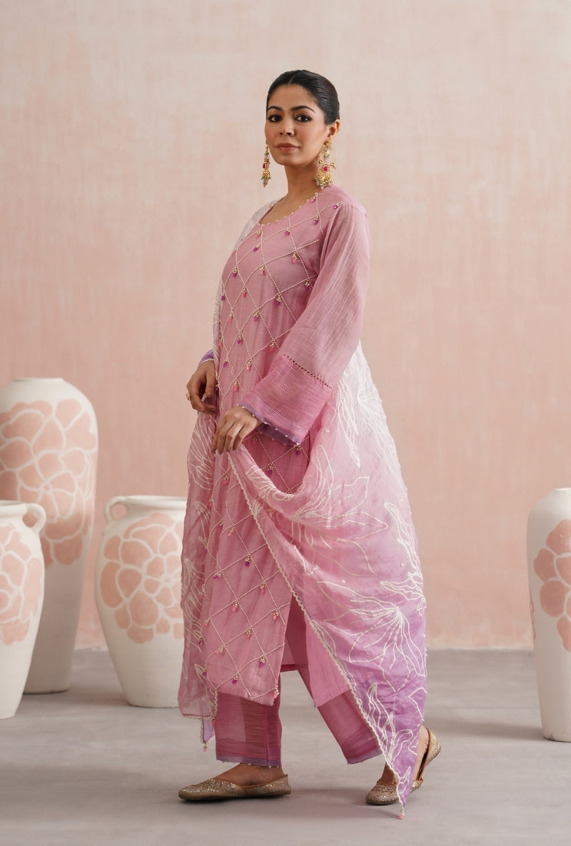 Rose Pink Pearl and Jewels Embroidered Prisha Kurta Set