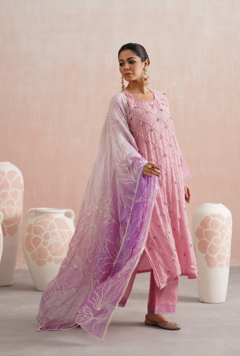 Rose Pink Pearl and Jewels Embroidered Prisha Kurta Set
