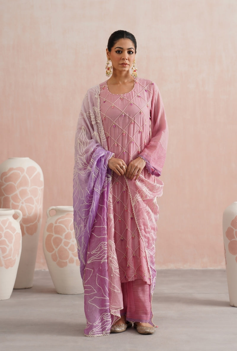 Rose Pink Pearl and Jewels Embroidered Prisha Kurta Set