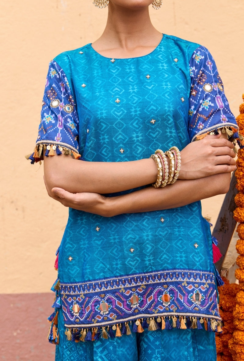Blue Mirror Work Oorja Sharara Set