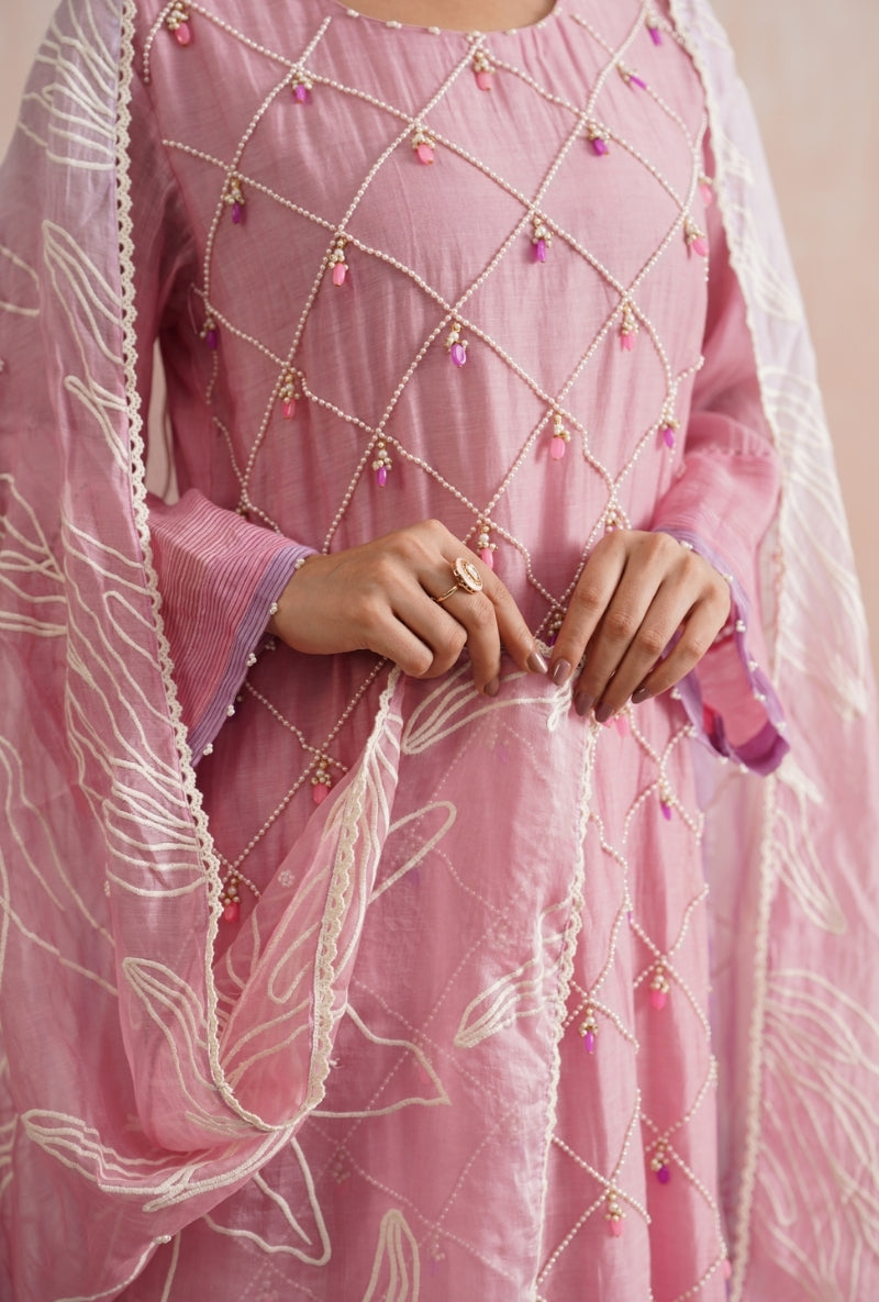 Rose Pink Pearl and Jewels Embroidered Prisha Kurta Set