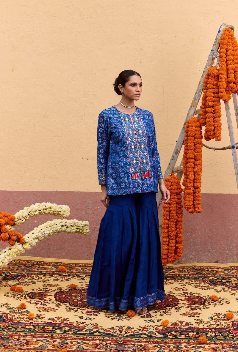 Blue Patola Embroidered Mirror And Zari  Work Oorja Jacket Set