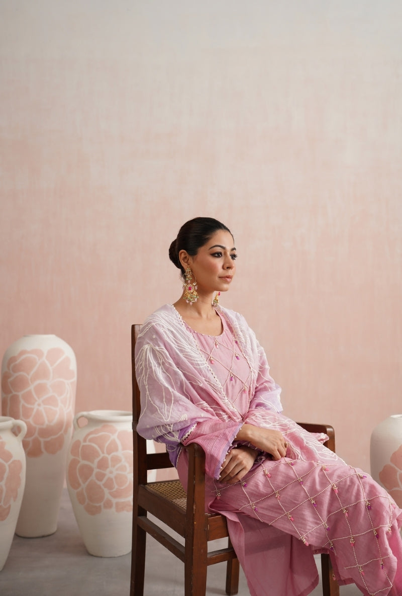 Rose Pink Pearl and Jewels Embroidered Prisha Kurta Set