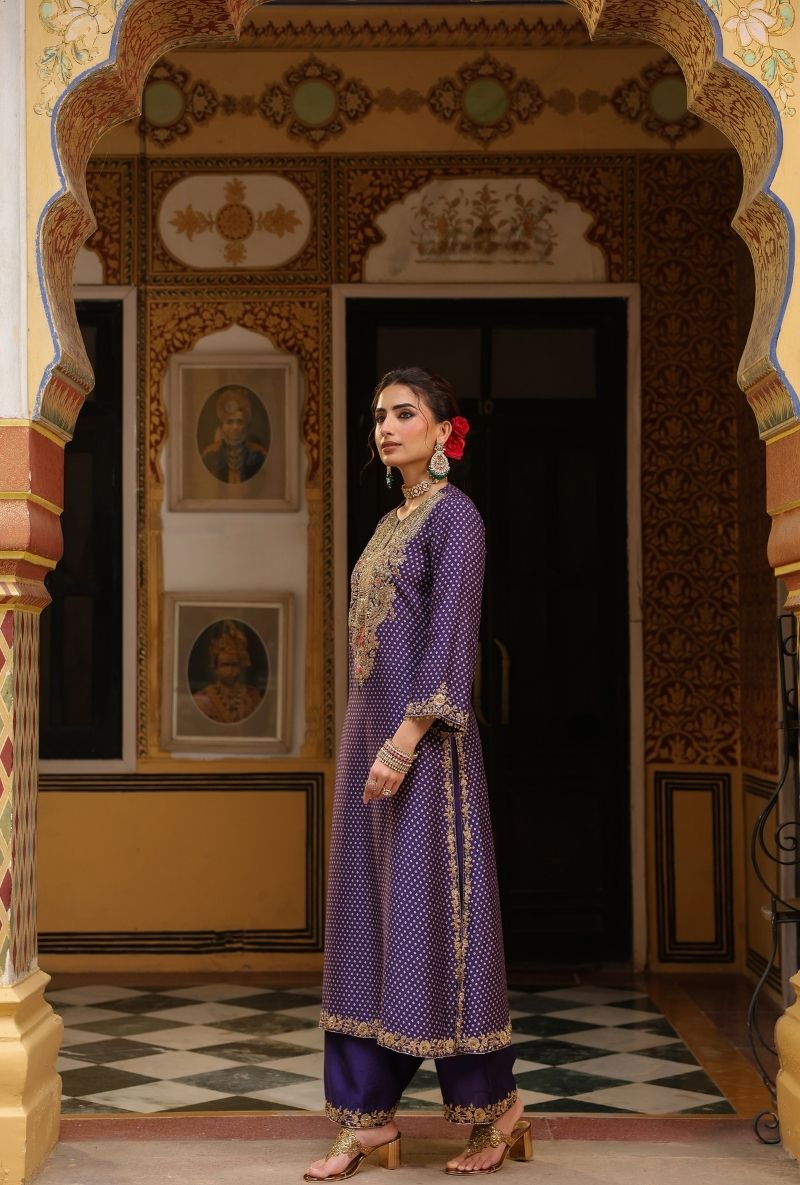 Purple Printed Pakhi Yoke Heavy Straight Mehfil Kurta Set