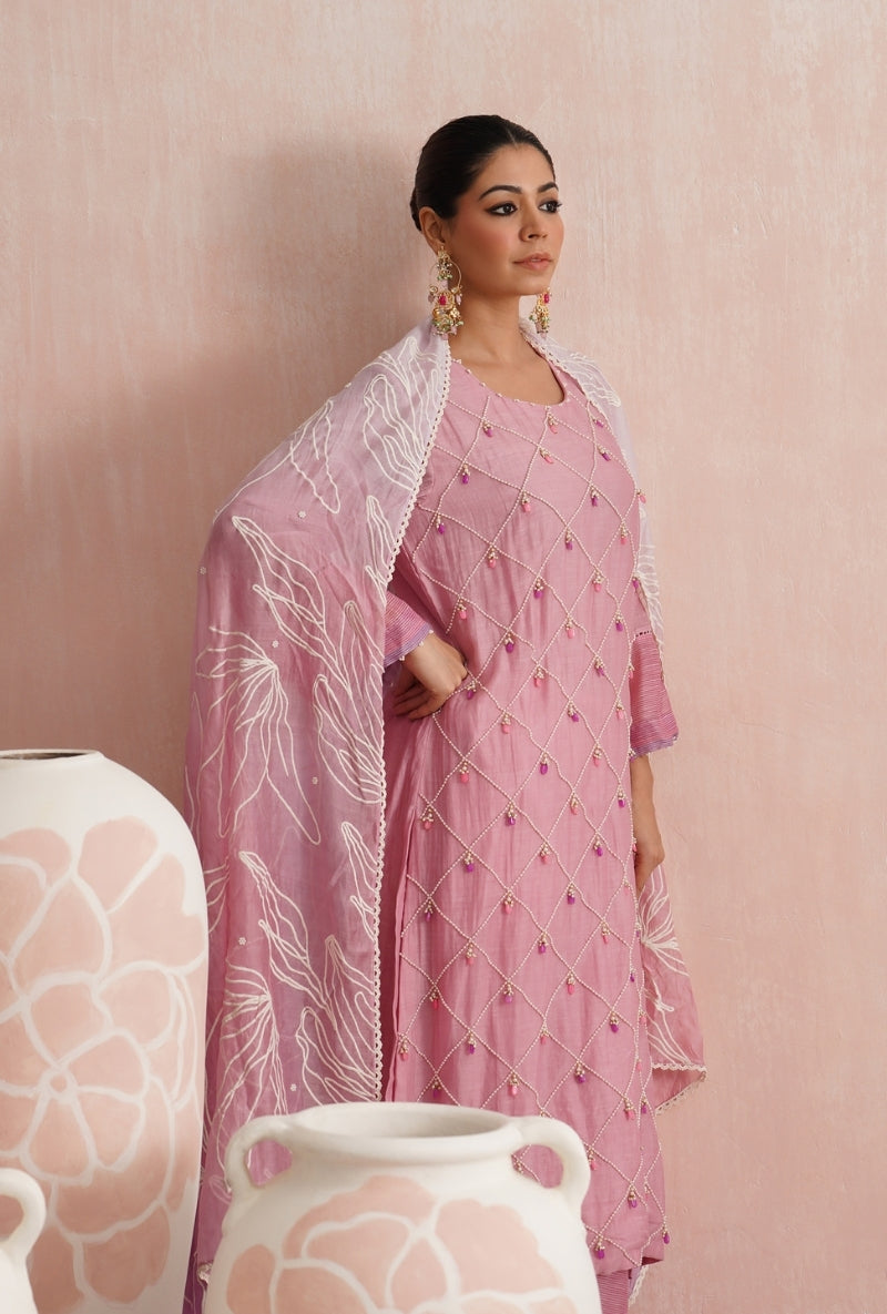 Rose Pink Pearl and Jewels Embroidered Prisha Kurta Set