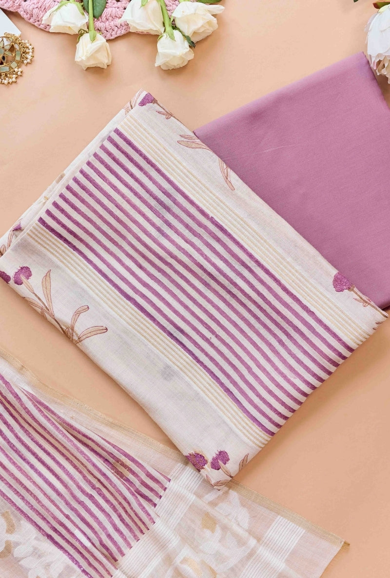 Stripes Block Print Yoke Unstiched Suit Set