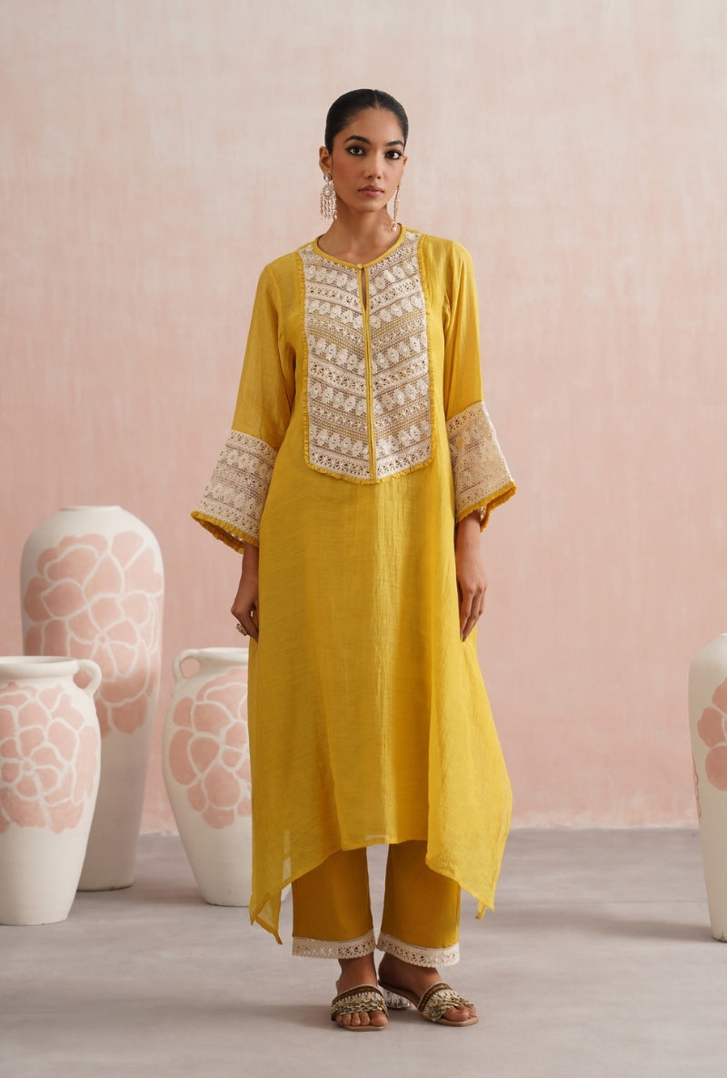 Gold Yellow Pearl Embroidered Lace Detailing Prisha Kurta Set