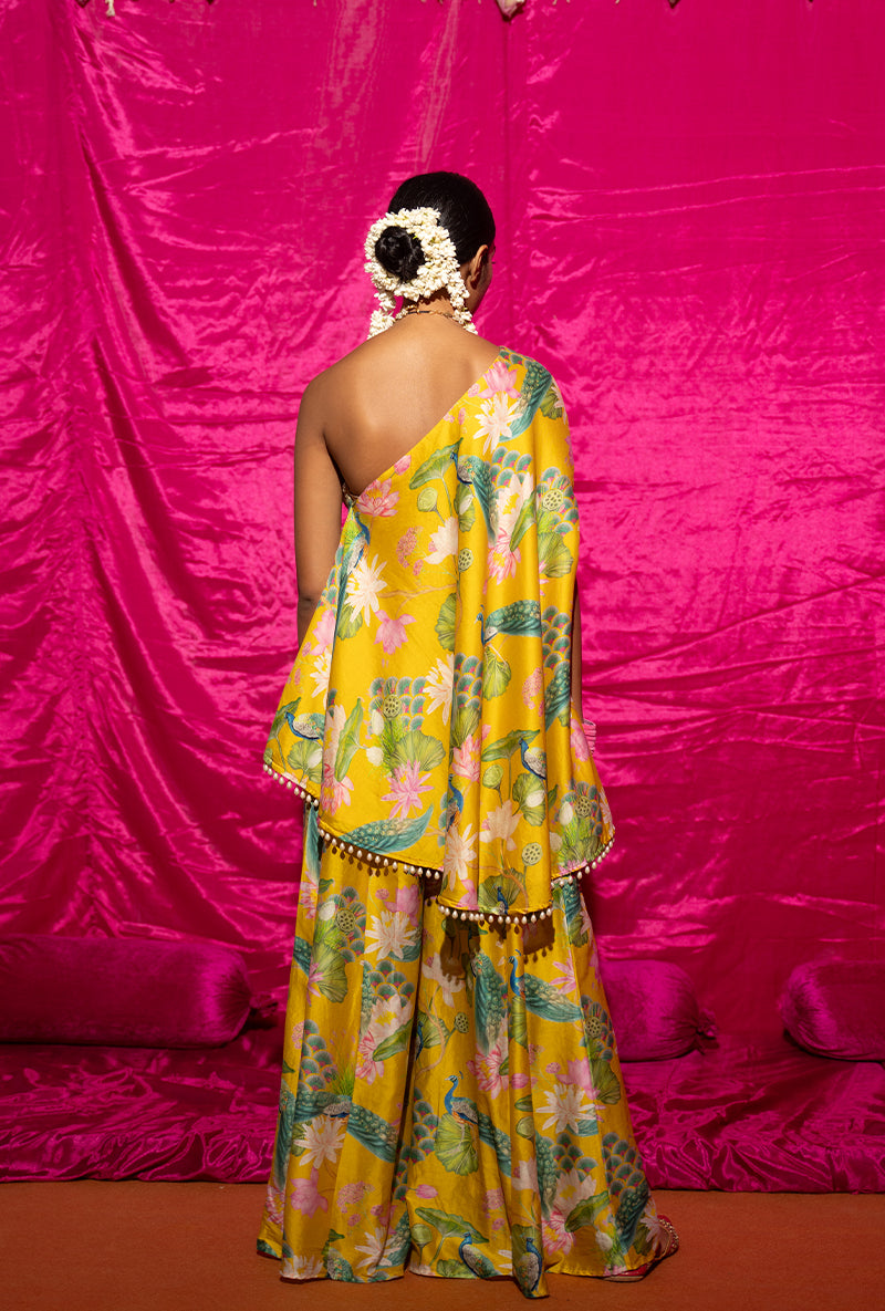 Yellow Printed Off-Shoulder Kamli Sharara Set