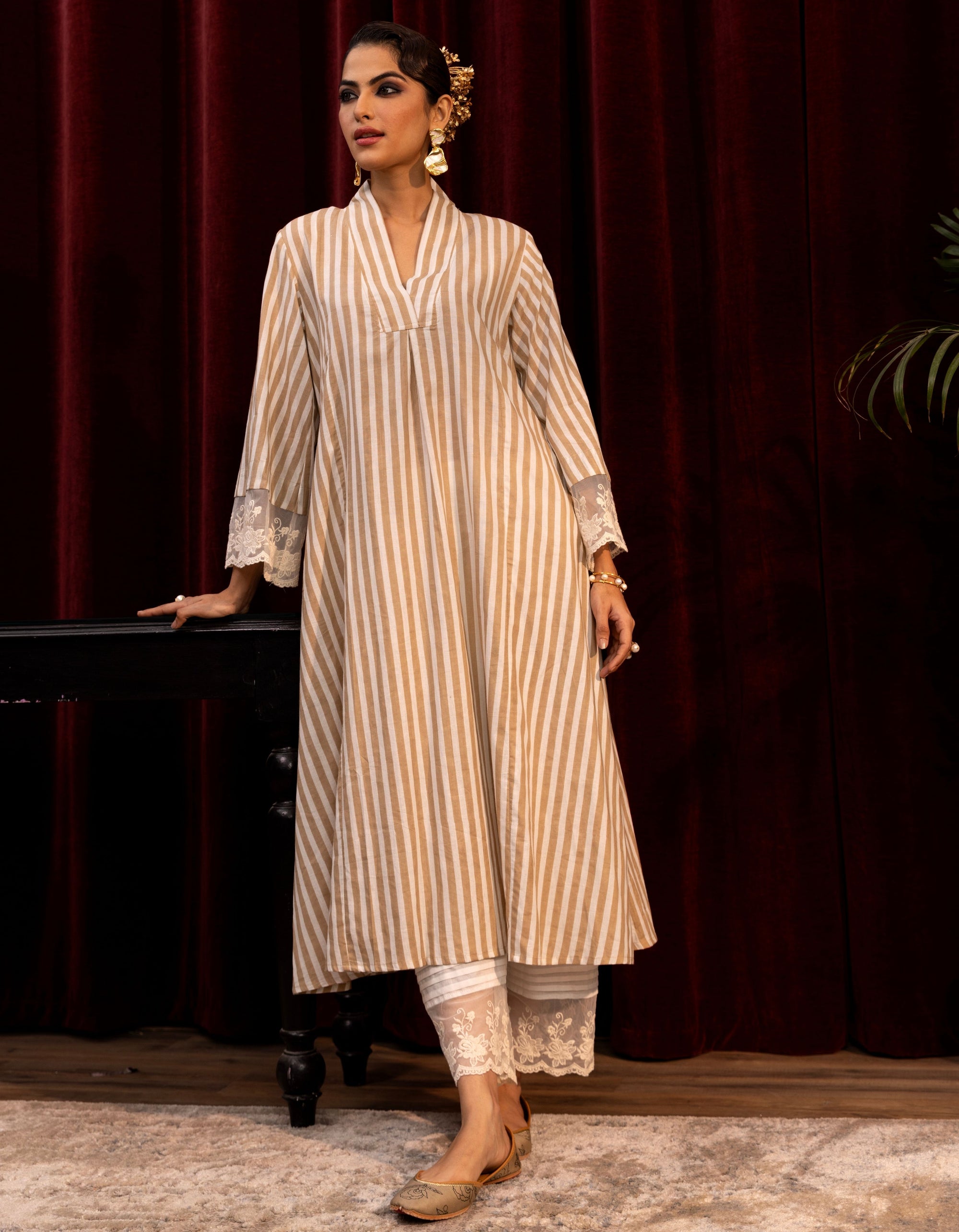 Beige and White Stripes Block Print Mogra Kurta  Set