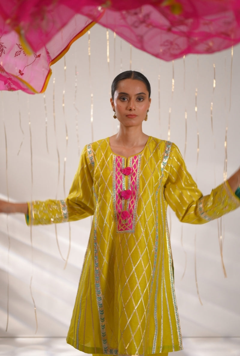 Haldi Yellow Gota Lace Patti Short Mehreen Kurta Set