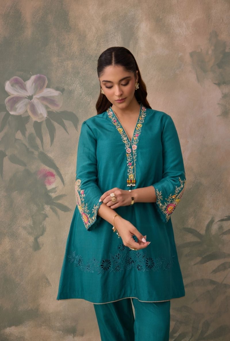 Teal Green Embroidered V Neck Jalsa Co-Ord Set