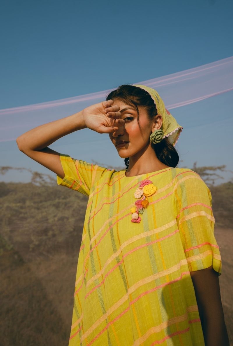 Yellow Colourful Checkered Short Barfi Dress
