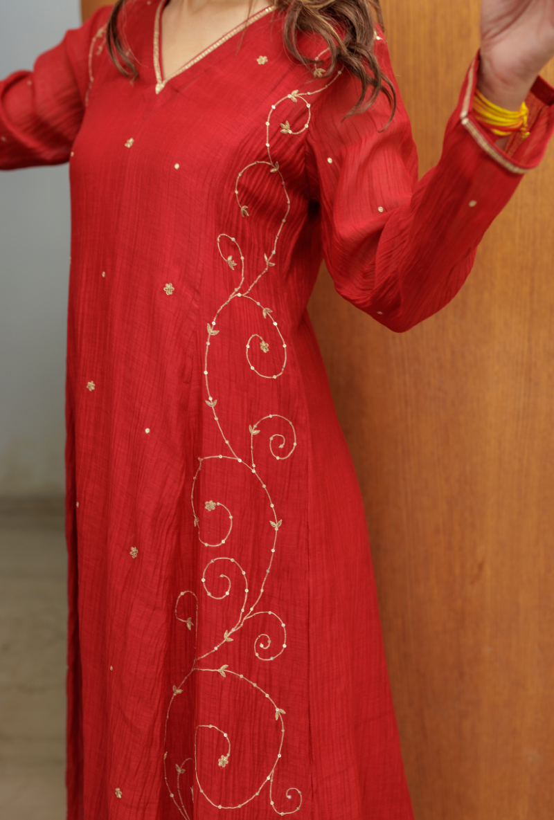 Meghna Nayyar in Red Embroidered Side Panels Urvi Kurta Set