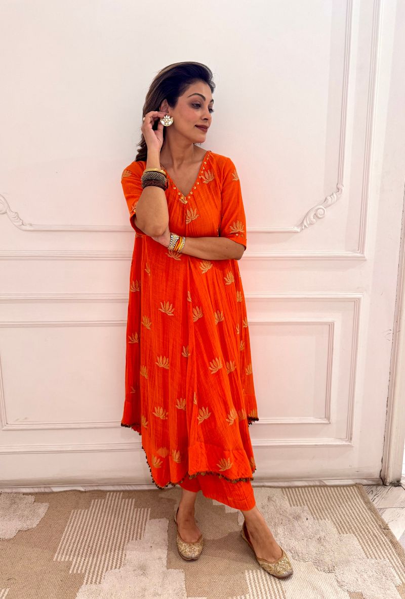 Meghna Nayyar in Orange Lotus Asymmetrical Kurta Set