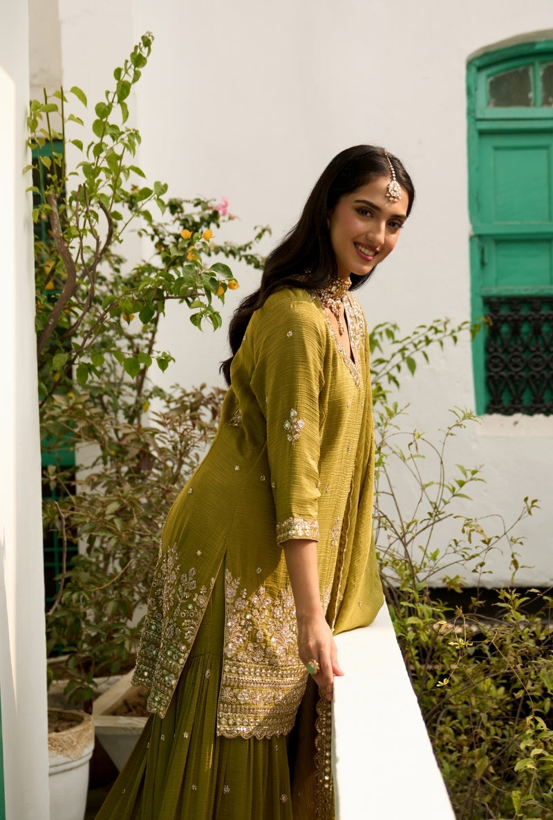 Green Bead Work Nadira Sharara Set