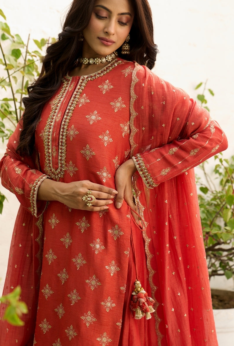 Orange Long Embroidered Sabah Kurta Set