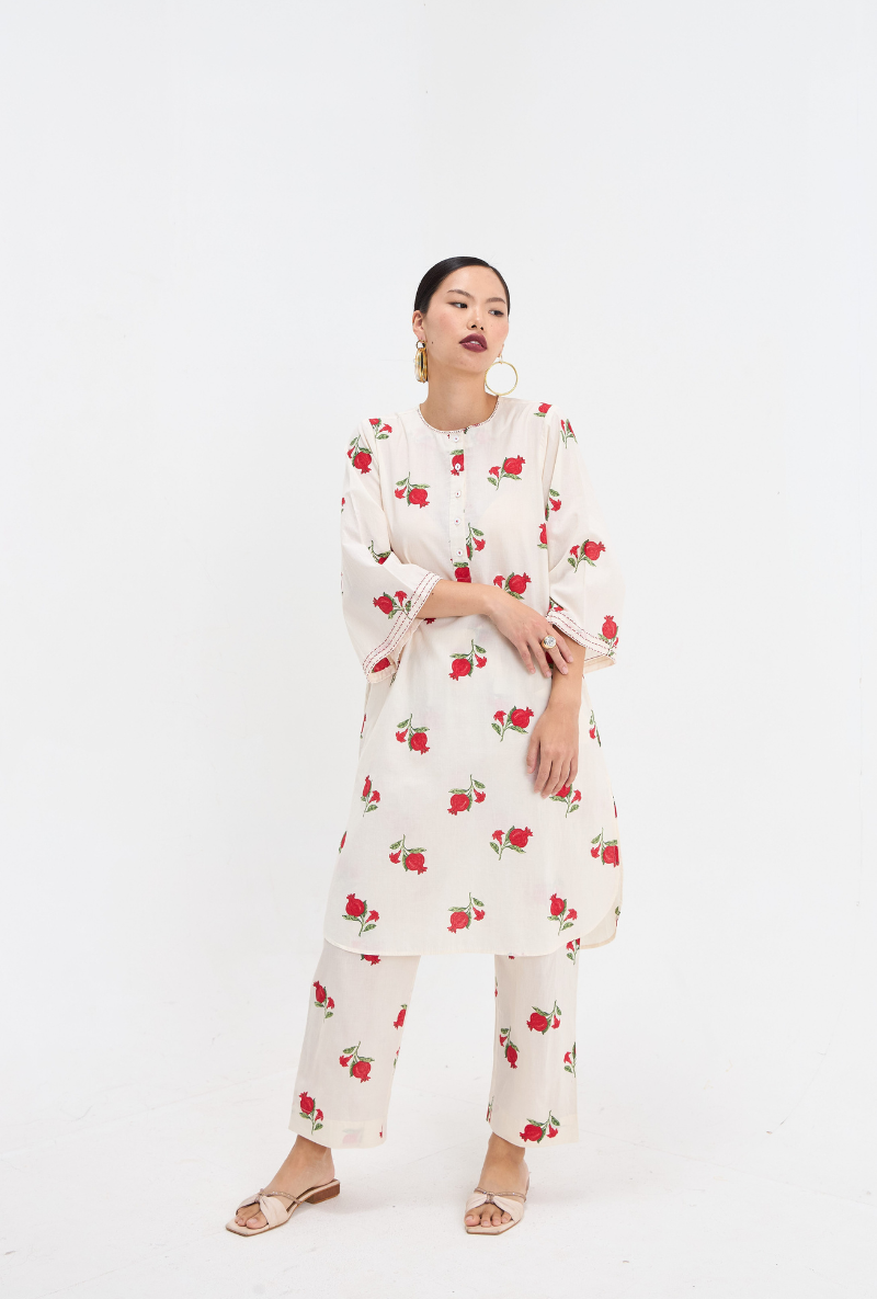 Meghna Nayyar in White Anaar Print Love Letters Kurta Set