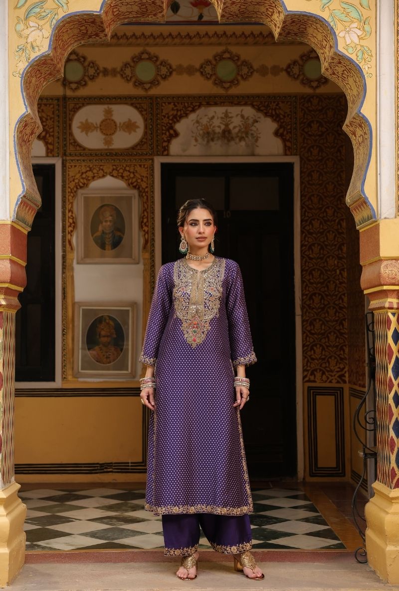 Purple Printed Pakhi Yoke Heavy Straight Mehfil Kurta Set