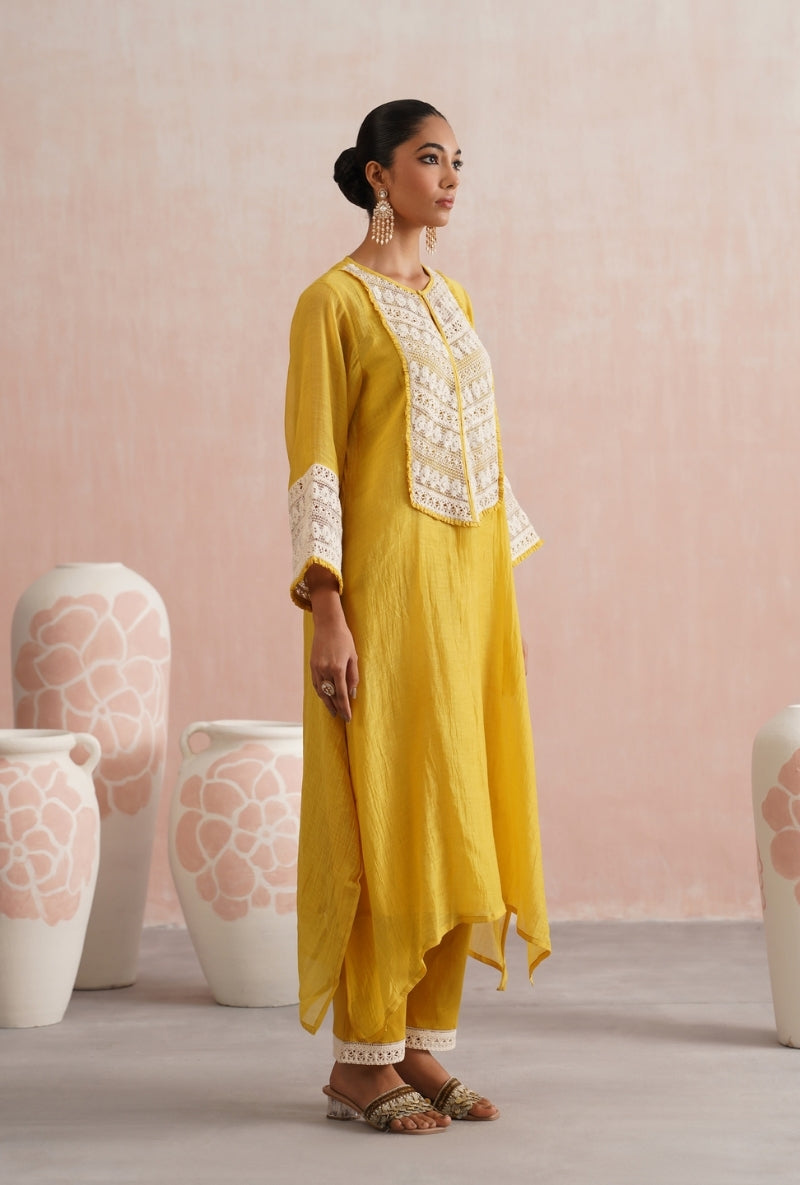 Gold Yellow Pearl Embroidered Lace Detailing Prisha Kurta Set