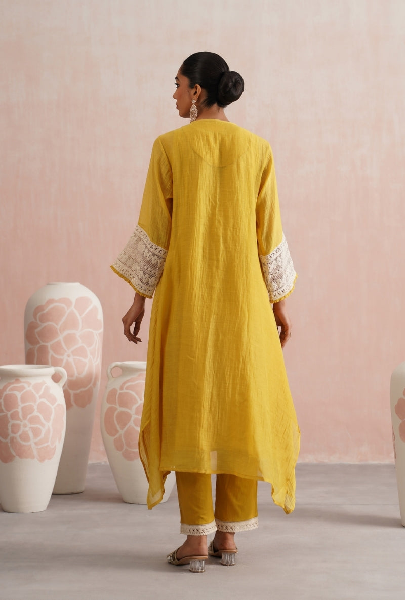 Gold Yellow Pearl Embroidered Lace Detailing Prisha Kurta Set
