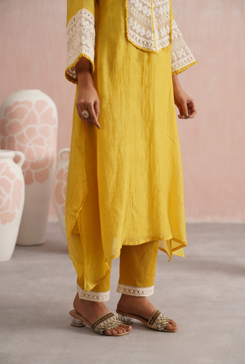 Gold Yellow Pearl Embroidered Lace Detailing Prisha Kurta Set