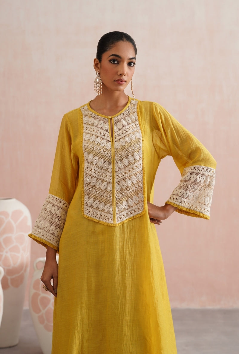 Gold Yellow Pearl Embroidered Lace Detailing Prisha Kurta Set