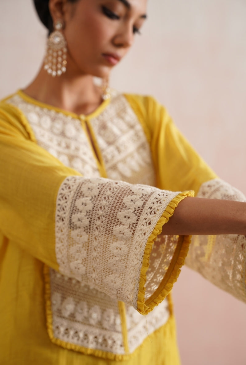 Gold Yellow Pearl Embroidered Lace Detailing Prisha Kurta Set