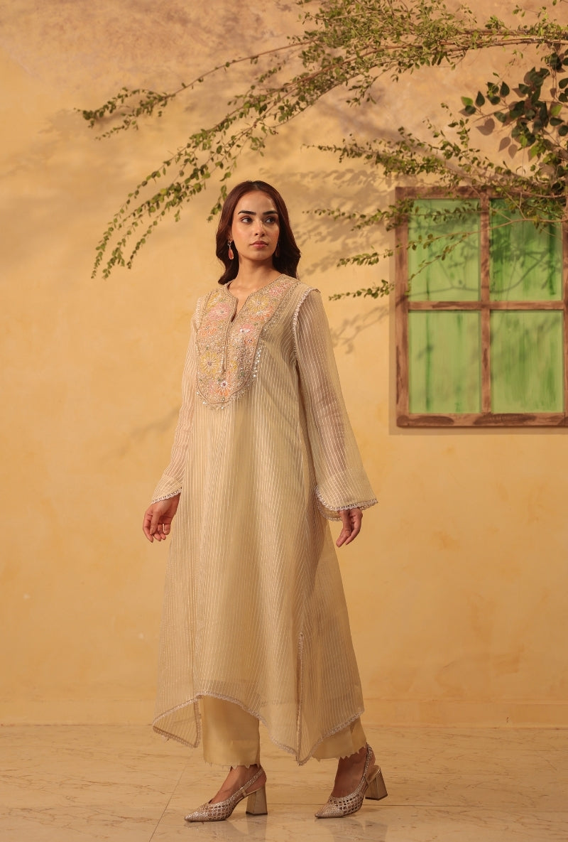 Beige Applique Yoke Saaz Kurta Set