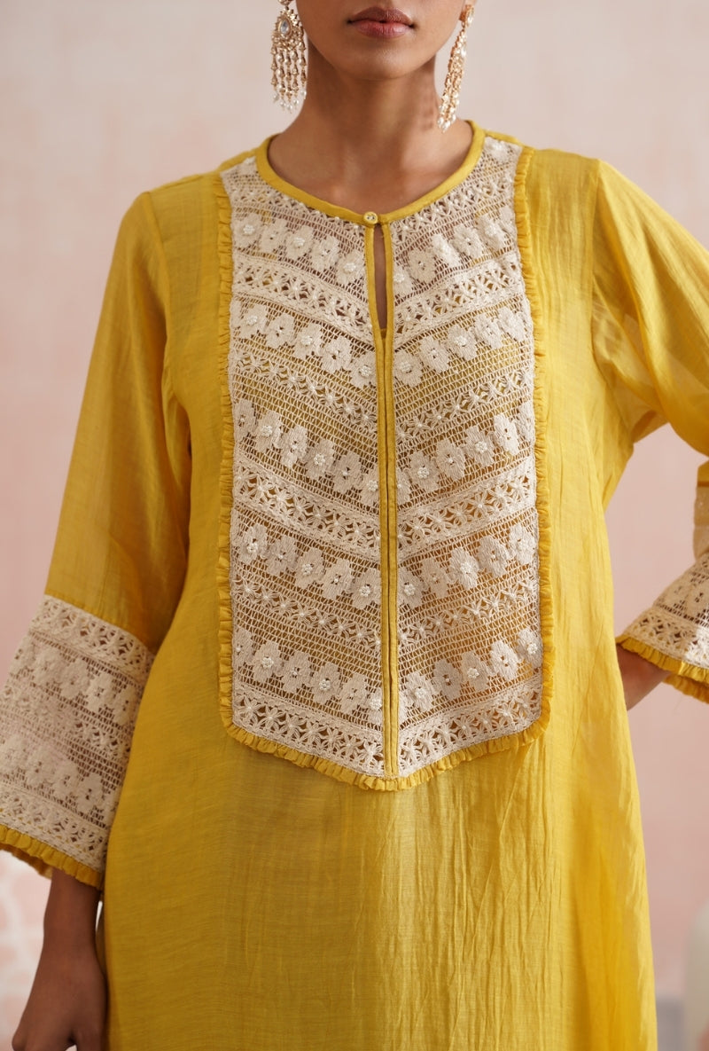 Gold Yellow Pearl Embroidered Lace Detailing Prisha Kurta Set