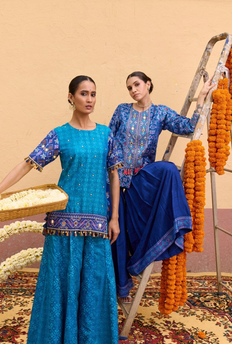 Blue Mirror Work Oorja Sharara Set