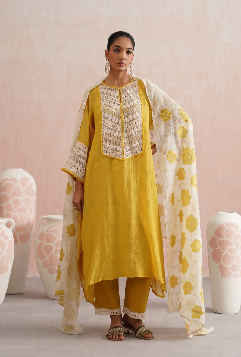 Gold Yellow Pearl Embroidered Lace Detailing Prisha Kurta Set