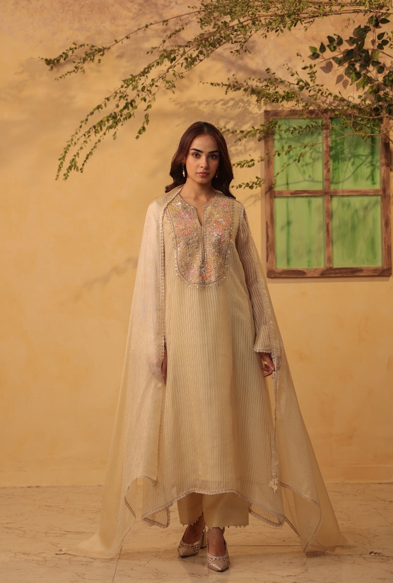 Beige Applique Yoke Saaz Kurta Set