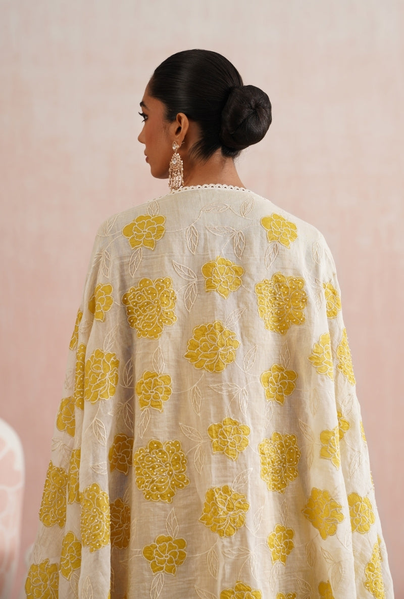 Gold Yellow Pearl Embroidered Lace Detailing Prisha Kurta Set