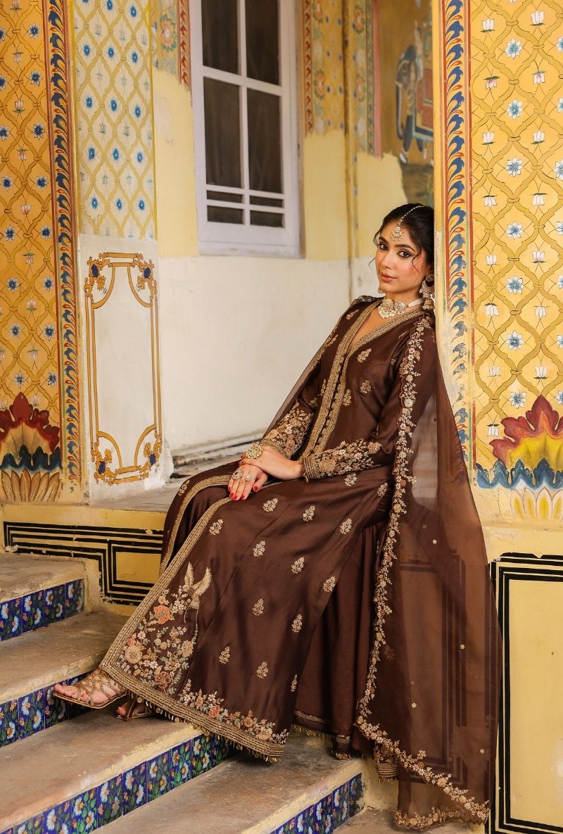 Brown Jacket Mehfil Anarkali Set