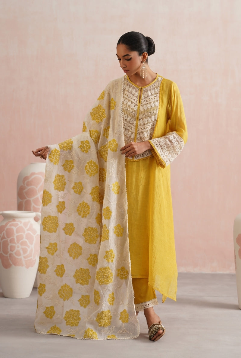 Gold Yellow Pearl Embroidered Lace Detailing Prisha Kurta Set
