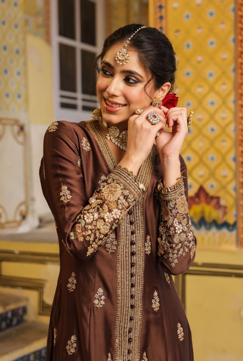 Brown Jacket Mehfil Anarkali Set