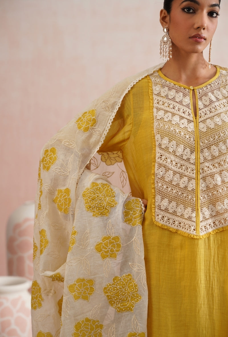 Gold Yellow Pearl Embroidered Lace Detailing Prisha Kurta Set