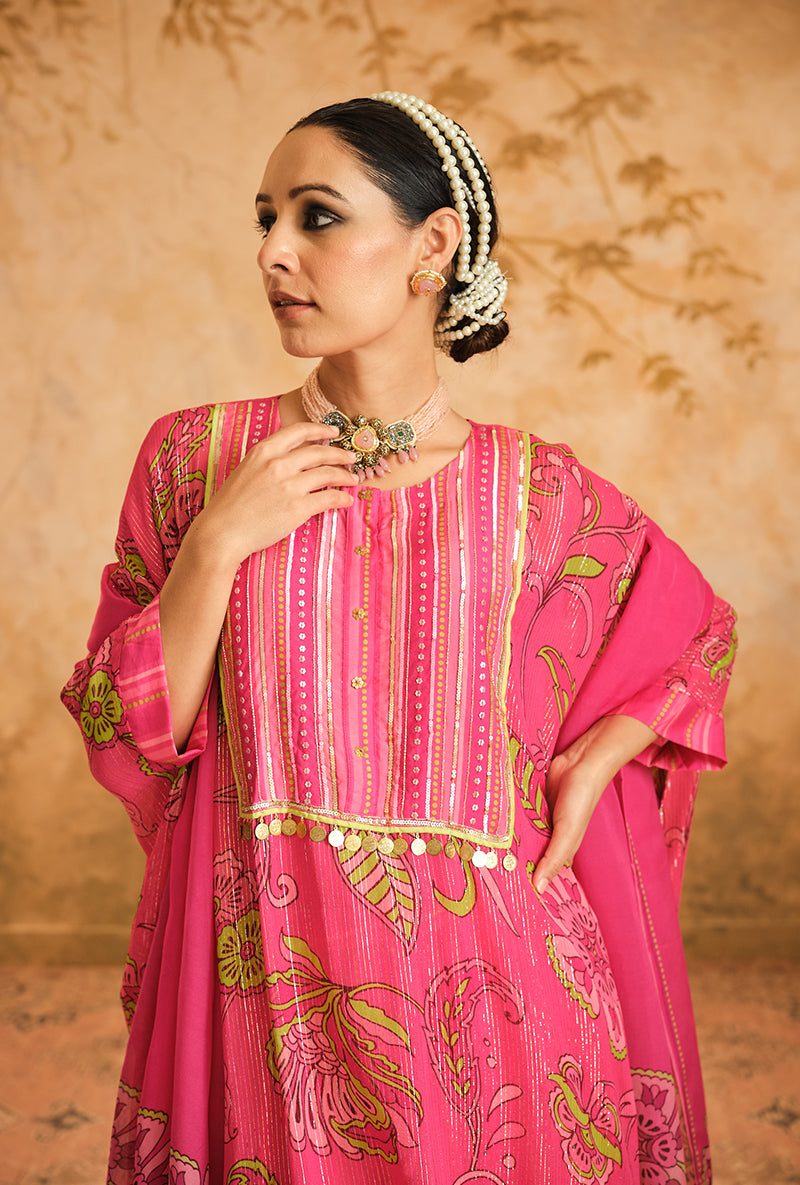 Hot Pink Short Kurta Goonj Sharara Set
