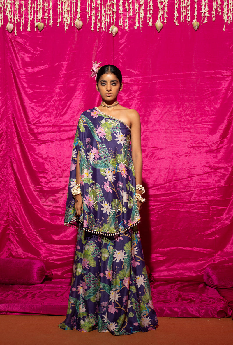 Purple Printed Off-Shoulder Kamli Sharara Set