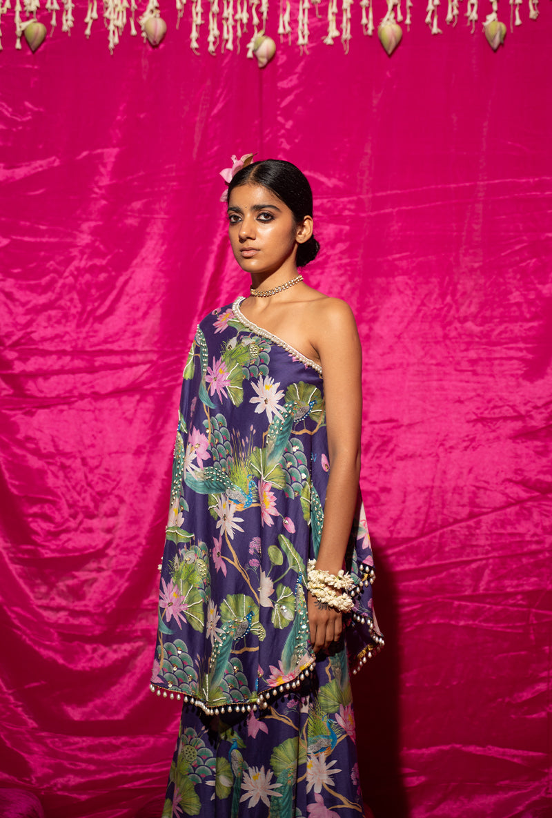 Purple Printed Off-Shoulder Kamli Sharara Set