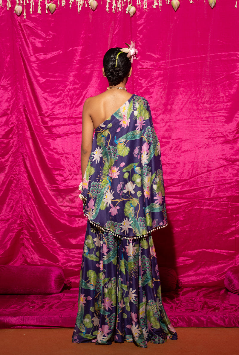 Purple Printed Off-Shoulder Kamli Sharara Set