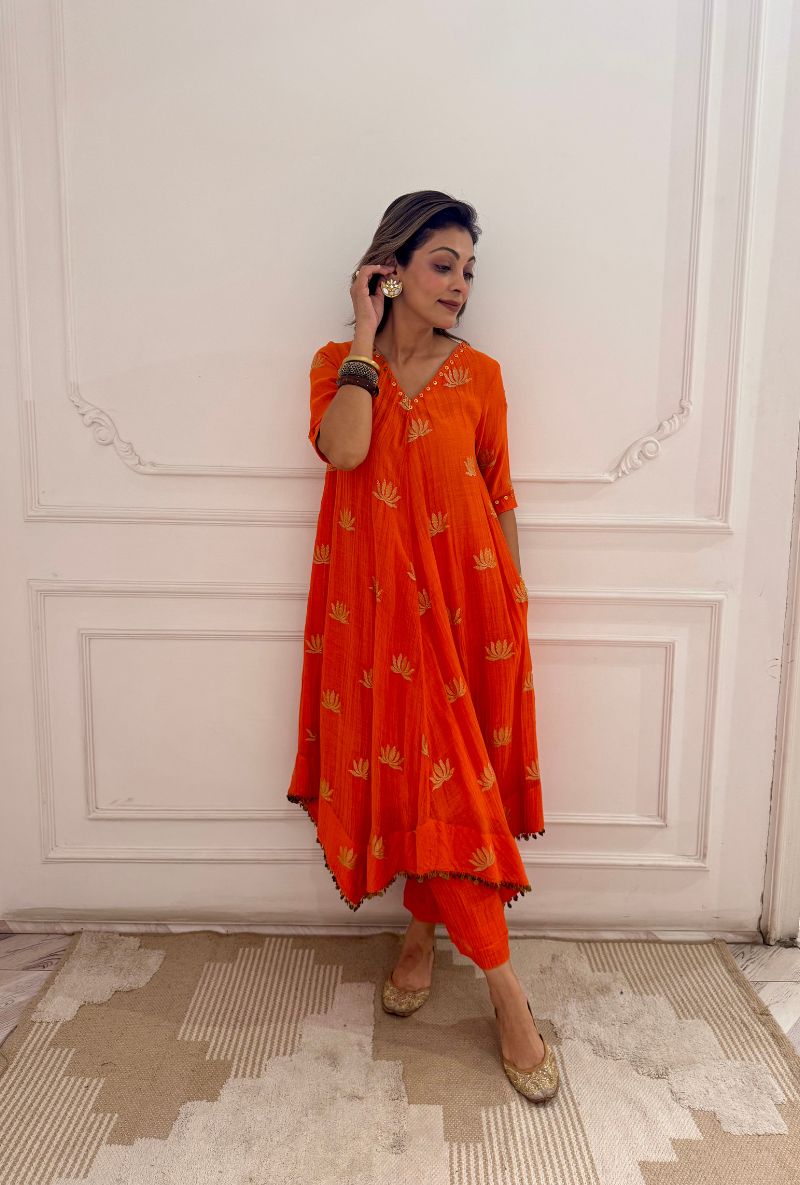 Meghna Nayyar in Orange Lotus Asymmetrical Kurta Set