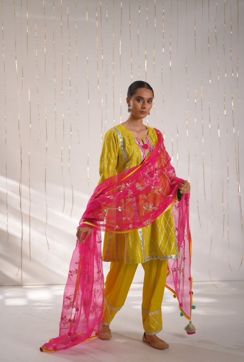 Haldi Yellow Gota Lace Patti Short Mehreen Kurta Set