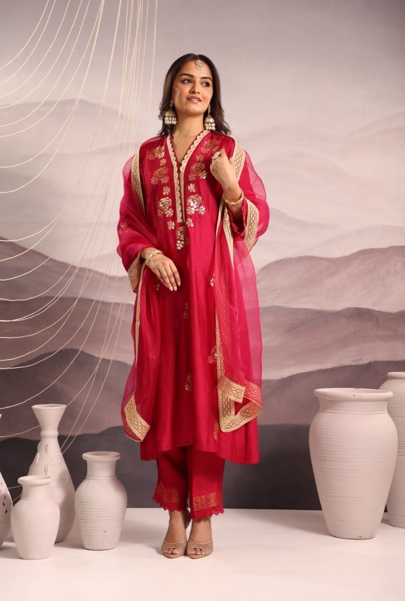 Magenta Embroidered V Neck Surily Kurta Set