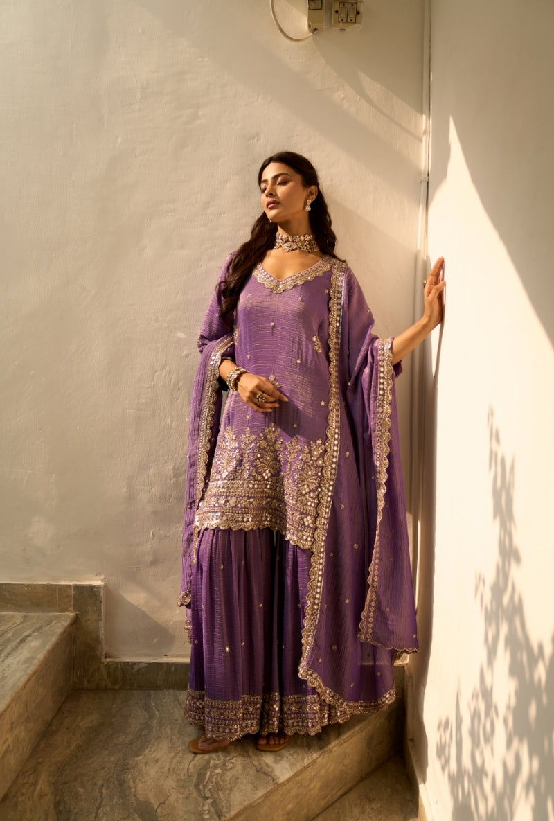 Purple Bead Work Nadira Sharara Set