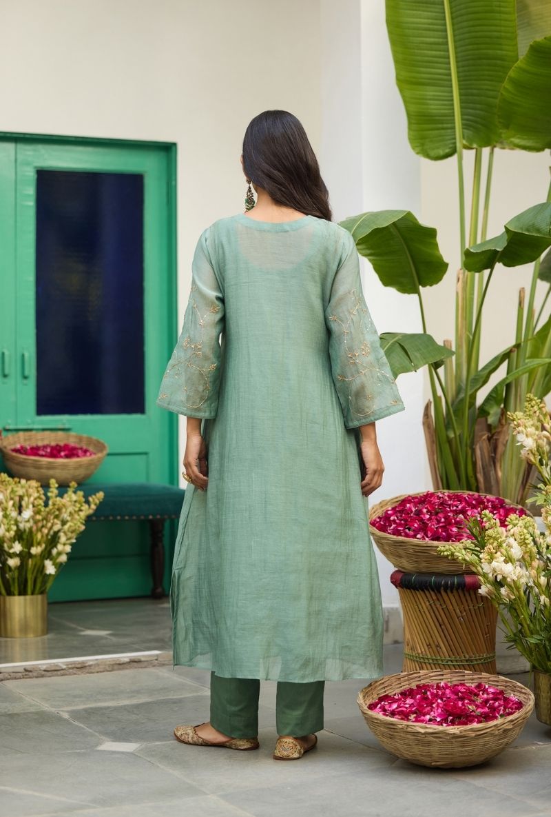 Sage Green Embroidered Front Gather Urvi Kurta Set